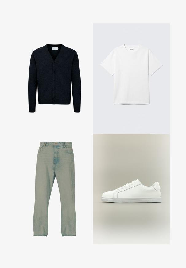 Cardigan en tricot bleu marine avec col en V, fermeture par boutons sur le devant, manches longues et ourlet côtelé. Fabriqué à partir d'un tissu doux et texturé.; T-shirt blanc à manches courtes et col rond, étalé à plat, design uni, avec l'étiquette "WEEKDAY" à l'intérieur du col sur un fond clair.; Jean droit bleu clair avec bouton à l'avant, passants pour ceinture et poches avant, présenté sur un fond blanc.; Baskets blanches basses à lacets sur l'avant avec semelle en caoutchouc texturée, sur fond neutre uni.