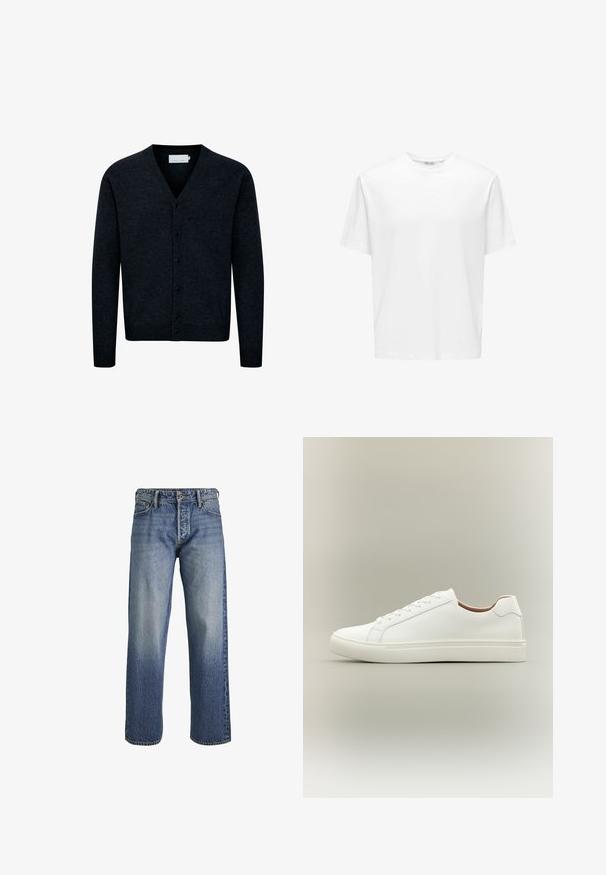 Cárdigan de punto azul marino con escote en V, cierre frontal de botones, mangas largas y dobladillo acanalado. Fabricado en una suave tela texturizada.; Camiseta blanca lisa de manga corta con cuello redondo y ajuste regular sobre fondo blanco.; Jeans de denim azul con un corte holgado, que presentan un lavado desgastado, diseño de cinco bolsillos, presillas para cinturón y cierre de cremallera.; Zapatilla blanca de corte bajo con cierre de cordones y suela plana, mostrada de perfil sobre un fondo neutro.