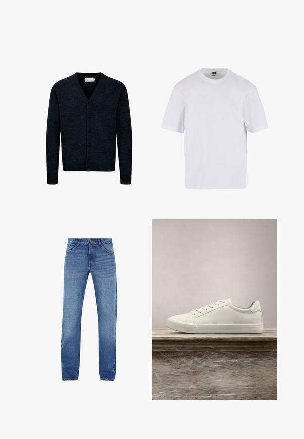 Navyblauwe gebreide cardigan met V-hals, knopen aan de voorkant, lange mouwen en geribbeld gedeelte aan de onderkant. Gemaakt van een zachte, gestructureerde stof.; Witte kraagloze t-shirt met korte mouwen, gemaakt van katoen. Heeft een ronde halslijn en een losse pasvorm. Soepele textuur, minimalistisch ontwerp, geen patronen of accenten.; Blauwe denim jeans met een rechte snit, vijf zakken en een ritsluiting. Subtiele vervaging aan de voorkant, gestikte accenten in oranje.; Witte vetersneaker die boven een houten bank zweeft met groene bladeren op de achtergrond, waarbij het ontwerp en de textuur van de schoen worden getoond.