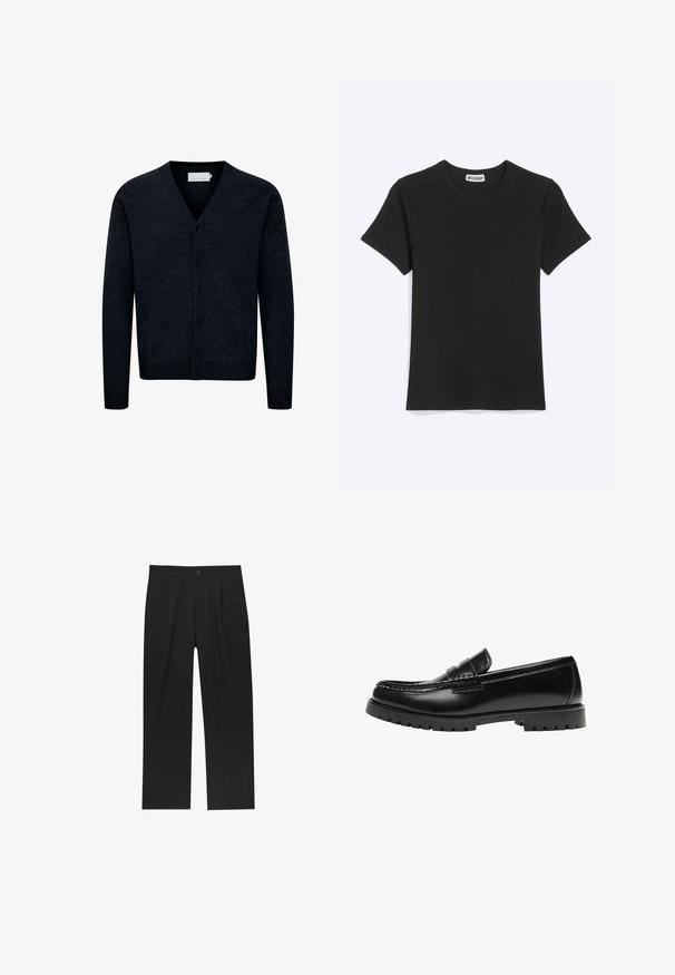 Cardigan en tricot bleu marine avec col en V, fermeture par boutons sur le devant, manches longues et ourlet côtelé. Fabriqué à partir d'un tissu doux et texturé.; T-shirt noir uni à manches courtes et col rond avec une étiquette de la marque Weekday à l’intérieur du col, présenté sur fond blanc.; Pantalons noirs au design droit, fabriqués à partir d'un tissu lisse. Dotés de plis sur le devant et d'une fermeture à un bouton à la taille.; Mocassin en cuir noir avec une semelle en caoutchouc épaisse et un détail classique de bride à monnaie, vu de côté extérieur.
