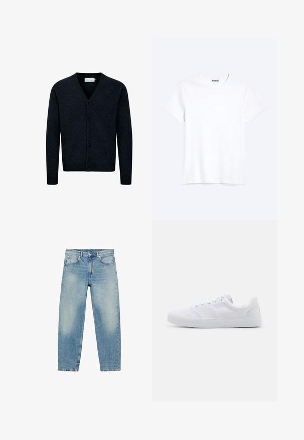 Mørkeblå strikket cardigan med V-hals, knaplukning foran, lange ærmer og ribbet kant. Lavet af et blødt, struktureret stof.; Enkelt hvid T-shirt med korte ærmer og rund hals med synligt WEEKDAY-mærke i kraven, vist på en lys baggrund.; Blå straight-leg denim jeans med forlommer og bæltestropper, der viser let falmede detaljer på lår og knæ.; Hvide lærreds sneakers med gummisål, der har seks snørehuller, en struktureret tåkap og et minimalistisk design.