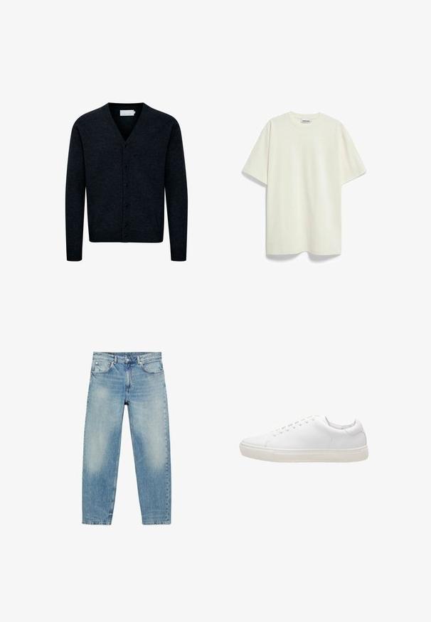Navyblauwe gebreide cardigan met V-hals, knopen aan de voorkant, lange mouwen en geribbeld gedeelte aan de onderkant. Gemaakt van een zachte, gestructureerde stof.; Crèmewit katoenen T-shirt met korte mouwen, ronde hals en een klein logo op de borst, weergegeven op een witte achtergrond.; Jeans met rechte pijpen van blauwe denim, met voorzakken en riemlussen, met lichte vervaagde details op dijen en knieën.; Witte leren sneaker met een gladde textuur, ronde neus, vetersluiting en een platte rubberen zool. Minimalistisch ontwerp zonder zichtbare patronen.