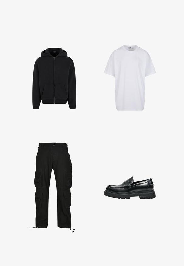 Zwarte rits-hoodie gemaakt van zachte stof, met een capuchon, frontzakken en ribgebreide manchetten en onderrand. Eenvoudig ontwerp zonder patronen.; Effen witte katoenen T-shirt met korte mouwen, ronde hals en zichtbare maat- en merklabel aan de binnenkant van de kraag.; Zwarte cargobroek van duurzaam materiaal, met meerdere zijzakken, een relaxed fit en verstelbare enkelbanden.; Zwarte leren loafer met dikke grof profielzool en pennybandje, zijaanzicht op witte achtergrond.