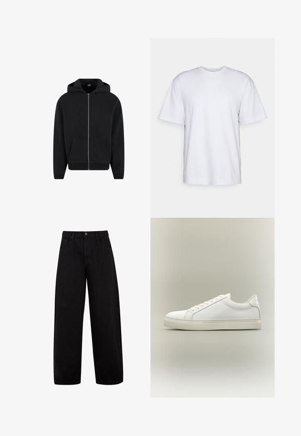 Hoodie zippé noir en tissu doux, avec capuche, poches avant et poignets et ourlet côtelés. Design simple sans motifs.; Filippa K HEAVY CREW NECK TEE - T-shirt basique - white; Jean noir à jambes larges en denim, doté de poches avant, d'une fermeture à bouton et d'un design épuré et minimal sans motifs visibles.; Baskets blanches basses à lacets sur l’avant et semelle épaisse, vues de côté sur un fond neutre.