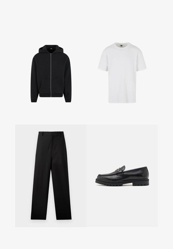 Hoodie zippé noir en tissu doux, avec capuche, poches avant et poignets et ourlet côtelés. Design simple sans motifs.; T-shirt blanc à manches courtes en coton texturé. Il présente un col rond et unourlet droit. Design minimaliste sans logos visibles.; Pantalons noirs en coton avec une coupe droite, dotés d'une fermeture à bouton à l'avant et de poches latérales. Texture lisse, sans motifs.; Mocassins en cuir noir avec une finition lisse, bout rond, une sangle décorative avec des accessoires en or, et une semelle noire robuste.