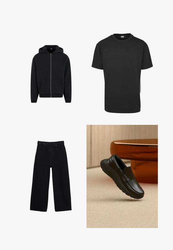 Zwarte rits-hoodie gemaakt van zachte stof, met een capuchon, frontzakken en ribgebreide manchetten en onderrand. Eenvoudig ontwerp zonder patronen.; Zwart katoenen T-shirt met korte mouwen, ronde halslijn en een standaard pasvorm. De stof lijkt glad en ongekleed.; Zwarte denim jeans met wijde pijpen, voorzijde met knoop- en ritssluiting, riemlussen en klassieke vijfzakkenstijl.; Zwarte leren loafer met dikke zool, weergegeven boven een beige tapijt en dichtbij een ronde amberkleurige tafelpoot.