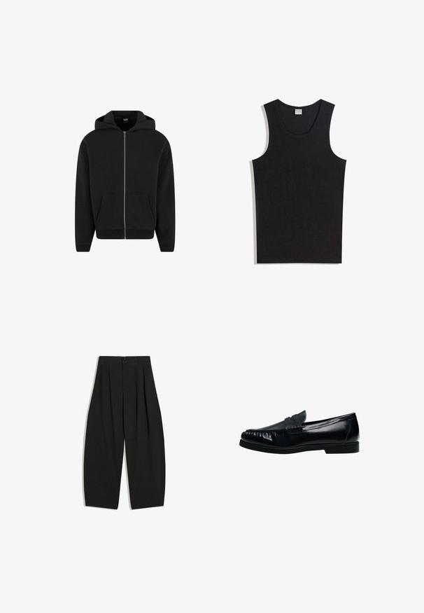 Hoodie zippé noir en tissu doux, avec capuche, poches avant et poignets et ourlet côtelés. Design simple sans motifs.; Débardeur noir en coton, doté d'un col rond et d'une coupe sans manches. Texture lisse sans motifs ni accents visibles.; Pantalon noir à jambes larges, taille haute, avec plis, bouton et fermeture éclair à l'avant, posé à plat sur un fond blanc.; Mocassin penny loafer pour homme en cuir noir avec bout moc cousu et petit talon, présenté de profil sur fond blanc.
