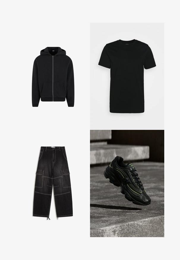 Schwarzer Reißverschluss-Hoodie aus weichem Stoff, mit Kapuze, frontalen Taschen und gerippten Bündchen sowie Saum. Einfaches Design ohne Muster.; Schwarzes kurzärmliges T-Shirt aus glattem Baumwollstoff, mit Rundhalsausschnitt und einem schlichten Design ohne Muster oder Akzente.; Schwarze Cargo-Hose mit weitem Bein, großen Seitentaschen, kontrastierenden Nähten, Gürtelschlaufen und Kordelzügen an den Säumen.; Schwarzer New Balance Sneaker mit neongrünen Akzenten, der über grauen Betontreppen bei schwacher Beleuchtung schwebt.