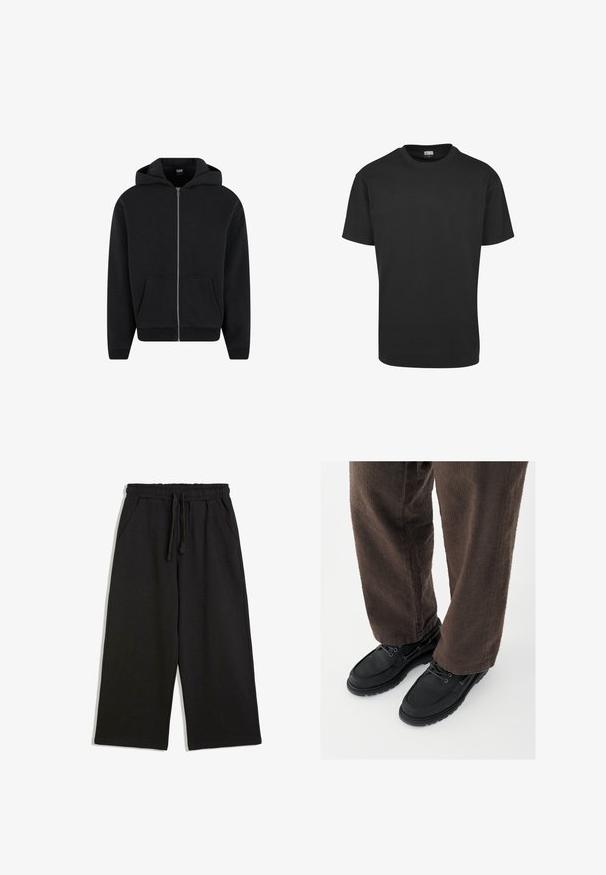 Schwarzer Reißverschluss-Hoodie aus weichem Stoff, mit Kapuze, frontalen Taschen und gerippten Bündchen sowie Saum. Einfaches Design ohne Muster.; Schwarzes T-Shirt mit kurzen Ärmeln und Rundhalsausschnitt, reguläre Passform und Urban Classics Etikett innen am Kragen.; Schwarze Sweatpants mit weitem Bein, elastischem Bund und Kordelzug, mit Seitentaschen und einer lockeren Passform.; Schwarze Lederschuhe mit glatter Oberfläche, abgerundeter Spitze und Schnürdesign, kombiniert mit strukturierten braunen Hosen. Bodennahaufnahme.