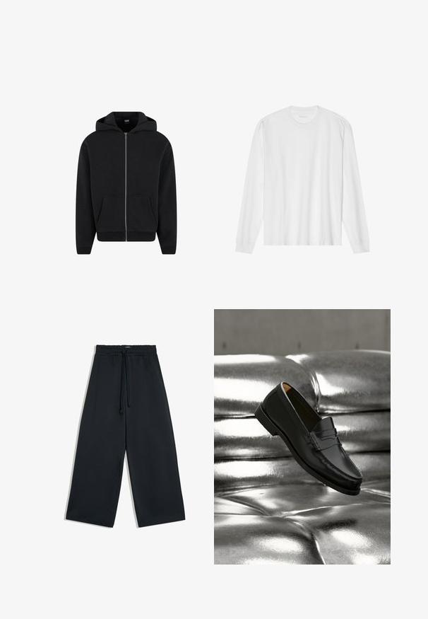 Hoodie zippé noir en tissu doux, avec capuche, poches avant et poignets et ourlet côtelés. Design simple sans motifs.; T-shirt blanc en coton à manches longues avec col rond, doté de poignets côtelés et d'un ourlet droit, texture lisse et design minimaliste.; Pantalon noir à jambes larges avec une taille élastique et un cordon de serrage à l'avant, présenté sur fond blanc.; Mocassin en cuir noir flottant au-dessus d'un canapé en cuir argenté brillant matelassé à boutons dans un décor minimaliste.
