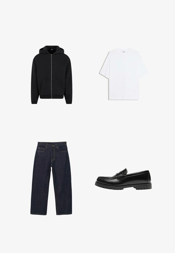 Schwarzer Reißverschluss-Hoodie aus weichem Stoff, mit Kapuze, frontalen Taschen und gerippten Bündchen sowie Saum. Einfaches Design ohne Muster.; Weißes, übergroßes Baumwoll-T-Shirt mit rundem Ausschnitt und kurzen Ärmeln; glatte Textur, keine sichtbaren Muster oder Akzente.; Dunkelblaue Jeanshosen mit lockerem Sitz, goldfarbenen Nähten, vorderem Knopfverschluss und zwei seitlichen Taschen.; Schwarzer Leder-Slipper mit dicker Gummisohle und klassischem Penny-Detail an der Riemen, von der Außenseite gezeigt.