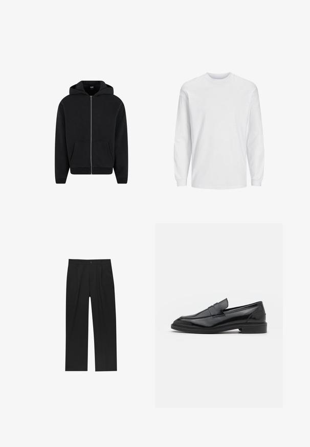 Hoodie zippé noir en tissu doux, avec capuche, poches avant et poignets et ourlet côtelés. Design simple sans motifs.; T-shirt blanc à manches longues en coton. Présente un col rond et un design uni sans motifs ni accents. Texture douce et lisse.; Pantalons noirs au design droit, fabriqués à partir d'un tissu lisse. Dotés de plis sur le devant et d'une fermeture à un bouton à la taille.; Mocassins en cuir noir avec une finition lisse, dotés d'un bout arrondi et d'une bande étroite sur le dessus. Talon bas empilé.