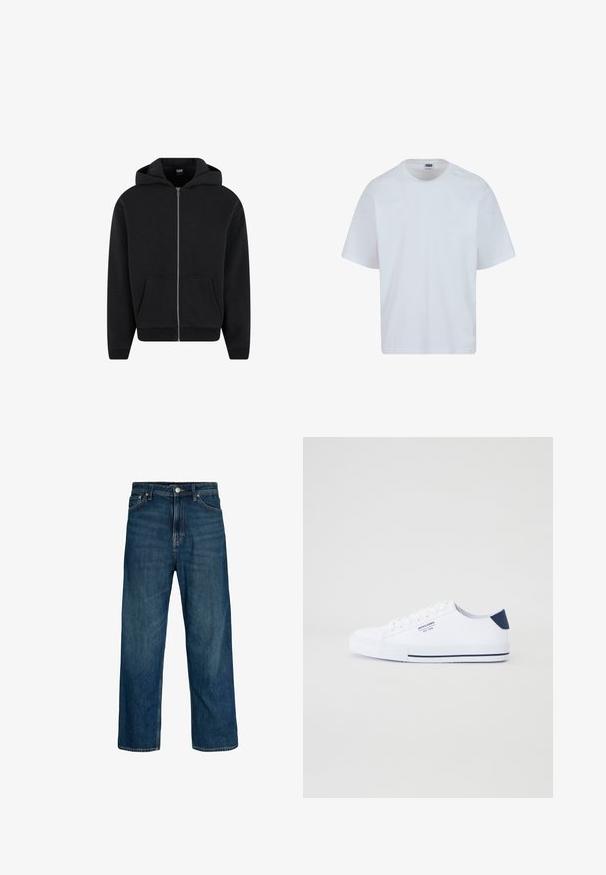 Zwarte rits-hoodie gemaakt van zachte stof, met een capuchon, frontzakken en ribgebreide manchetten en onderrand. Eenvoudig ontwerp zonder patronen.; Witte katoenen T-shirt met een ronde hals, korte mouwen en een rechte snit. Kenmerkend zijn de subtiele stiksels op de schouders.; Blauwe rechte broekspijpen van spijkerbroek voor mannen met vijf zakken en knoopsluiting, afgebeeld op een witte achtergrond.; Witte canvas sneakers met een marineblauwe hielaccent, platte rubberen zool, ronde neus en witte veters. Kenmerkt logo op de zijkant.