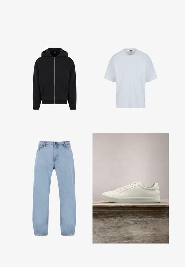 Hoodie zippé noir en tissu doux, avec capuche, poches avant et poignets et ourlet côtelés. Design simple sans motifs.; T-shirt en coton blanc avec un col rond, des manches courtes et une coupe droite. Présente des détails de couture subtils sur les épaules.; Jean en denim bleu clair avec un design à jambes droites, comportant quatre poches, une fermeture éclair et des détails de couture dorée.; Sneaker en dentelle blanche flottant au-dessus d'un banc en bois avec un feuillage vert en arrière-plan, mettant en valeur le design et la texture de la chaussure.