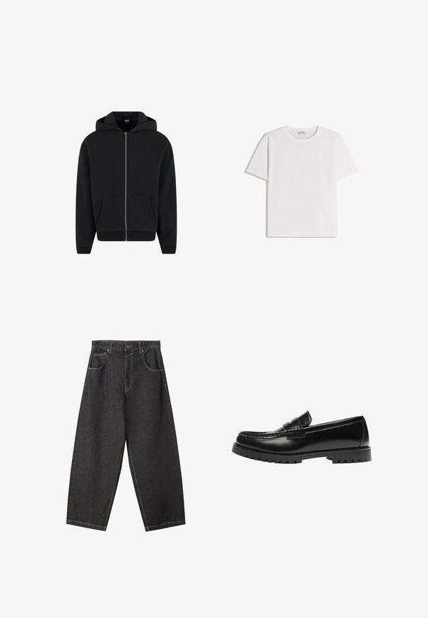 Schwarzer Reißverschluss-Hoodie aus weichem Stoff, mit Kapuze, frontalen Taschen und gerippten Bündchen sowie Saum. Einfaches Design ohne Muster.; Weißes Baumwoll-T-Shirt mit Rundhalsausschnitt und kurzen Ärmeln. Klassische, kastige Form ohne sichtbare Muster oder Verzierungen.; Schwarze Denim-Hosen im Weitbein-Design mit gelben Nähten, fünf Taschen und einem mittelhohen Bund. Texturiertes Material mit glatter Oberfläche.; Schwarzer Leder-Slipper mit dicker Gummisohle und klassischem Penny-Detail an der Riemen, von der Außenseite gezeigt.