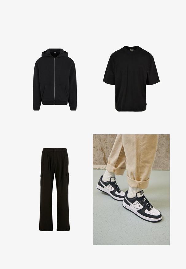 Schwarzer Reißverschluss-Hoodie aus weichem Stoff, mit Kapuze, frontalen Taschen und gerippten Bündchen sowie Saum. Einfaches Design ohne Muster.; Schwarzes T-Shirt mit kurzen Ärmeln aus weicher Baumwolle. Verfügt über einen Rundhalsausschnitt, eine lockere Passform und einen abgerundeten Saum für zusätzlichen Komfort.; Urban Classics WIDE - Cargohose - black; Schwarz-weiße Nike Air Force 1 Sneaker mit einem Obermaterial aus Leder, perforierter Zehenpartie und strukturiertem Sohlendesign, getragen mit aufgerollten beigen Hosen und weißen Socken.