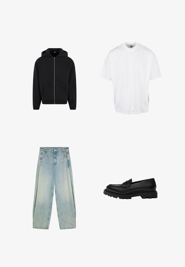 Schwarzer Reißverschluss-Hoodie aus weichem Stoff, mit Kapuze, frontalen Taschen und gerippten Bündchen sowie Saum. Einfaches Design ohne Muster.; Weißes Baumwoll-T-Shirt mit lockerer Passform, kurzen Ärmeln und rundem Halsausschnitt, mit geradem Saum und ohne sichtbare Grafiken oder Muster.; Hellblaue, weit geschnittene Jeans mit aufgesetzten Taschen, Gürtelschlaufen und Knopfverschluss.; Schwarze Lederloafer mit einer robusten, strukturierten Sohle. Verfügt über eine dekorativ gestickte Kante und einen niedrigen Absatz für ein zeitgemäßes Design.