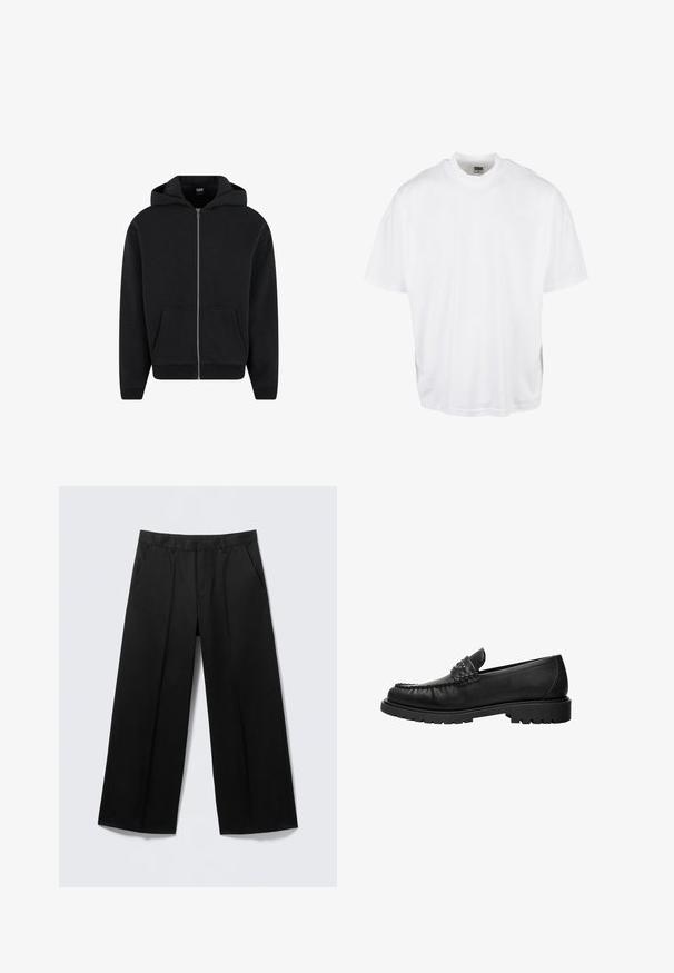 Hoodie zippé noir en tissu doux, avec capuche, poches avant et poignets et ourlet côtelés. Design simple sans motifs.; T-shirt en coton blanc avec une coupe décontractée, des manches courtes et un col rond, présentant un ourlet droit et sans graphiques ni motifs visibles.; Pantalon large noir avec passants pour ceinture, poches avant et fermeture éclair, présenté sur un fond gris clair.; Mocassin en cuir noir avec dessus cousu, détail de bride cloutée et semelle épaisse à crampons, présenté en profil latéral sur fond blanc.