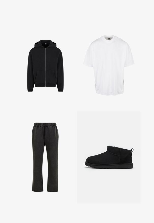 Schwarzer Reißverschluss-Hoodie aus weichem Stoff, mit Kapuze, frontalen Taschen und gerippten Bündchen sowie Saum. Einfaches Design ohne Muster.; Weißes Baumwoll-T-Shirt mit lockerer Passform, kurzen Ärmeln und rundem Halsausschnitt, mit geradem Saum und ohne sichtbare Grafiken oder Muster.; Urban Classics Jogginghose - magnet; Schwarze Wildleder-Stiefeletten mit einem weichen, strukturierten Innenfutter, einer flachen Gummisohle und einer Zugschlaufe auf der Rückseite für ein einfaches Anziehen.