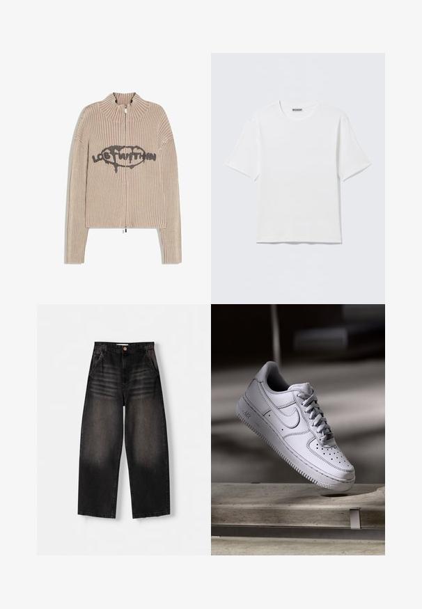 Pull en maille côtelée beige avec fermeture éclair, col montant et graphisme noir "Lost Within" centré à l'avant.; T-shirt blanc uni à manches courtes et col rond, avec une petite étiquette "WEEKDAY" à l'intérieur du col arrière, présenté à plat.; Jeans en denim noir à jambe large avec un design délavé, dotés de cinq poches, d'une fermeture à bouton et de détails de whiskering subtils sur le devant.; La basket Nike Air Force 1 en cuir blanc présente un embout perforé, des lacets plats et une semelle en caoutchouc texturée avec le logo « AIR » sur le côté.