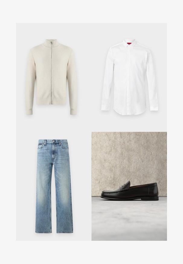 Samsøe Samsøe ADEM ZIP - Cardigan - off white; Hvid skjorte med lange ærmer, spids krave og skjult knaplukning, vist på en ensartet lys baggrund.; Lyseblå denim jeans med lige ben, højt talje, fem lommer, knaplukning og diskrete falmede områder på lår og knæ.; Sort læder penny loafer med lav hæl, rundet tå og syningsdetaljer langs fronten og siderne, vist på neutral baggrund.