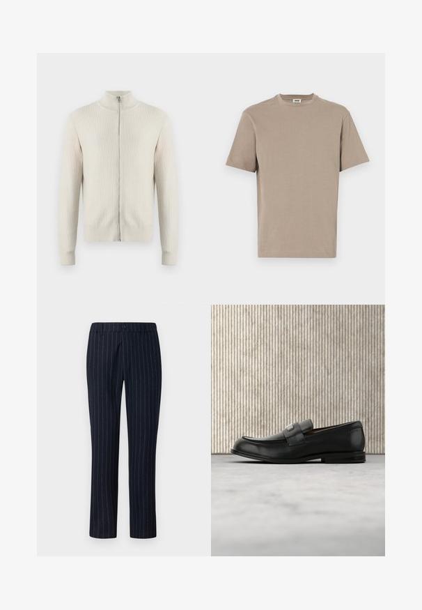 Samsøe Samsøe ADEM ZIP - Chaqueta de punto - off white; Camiseta de algodón beige con cuello redondo, mangas cortas y dobladillo recto. Textura suave, diseño minimalista, sin gráficos ni acentos visibles.; DRYKORN GARONA - Pantalones - blue; Mocasín de cuero negro con una placa metálica de marca apoyado cerca de una mesa redonda marrón sobre un suelo alfombrado beige.