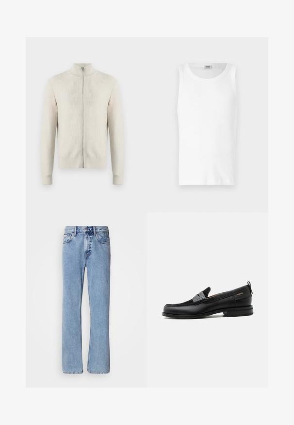 Samsøe Samsøe ADEM ZIP - Cardigan - off white; Hvid bomulds tanktop uden ærmer med rund halsudskæring og en glat tekstur. Enkel design, ingen mønstre eller accenter.; Lyseblå denimjeans med lige ben design, fem lommer og knaplukning. Syninger nær lommer og talje.; Sort læderloafer med grå remdetalje, lav hæl og tekstureret sål, mærket med "HUGO" i guld på siden.