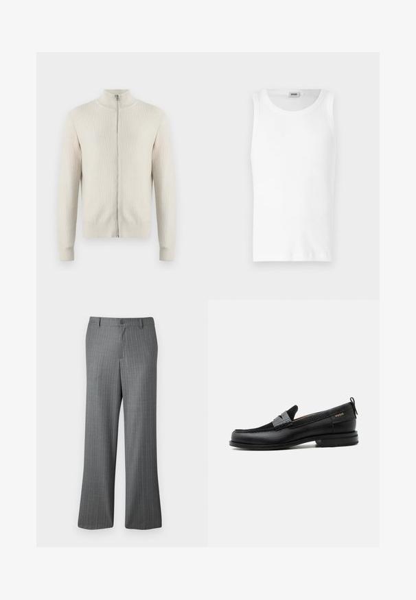 Samsøe Samsøe ADEM ZIP - Gilet - off white; Débardeur en coton blanc sans manches avec un col rond et une texture lisse. Design simple, sans motifs ni accents.; Pantalons gris à rayures fines avec une coupe décontractée, dotés d'une fermeture à bouton, de passants de ceinture et de subtiles rayures bleu clair tout au long.; Mocassin en cuir noir avec détail de bride grise, talon bas et semelle texturée, marqué "HUGO" en or sur le côté.