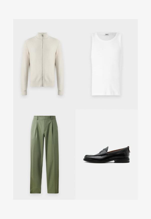 Samsøe Samsøe ADEM ZIP - Chaqueta de punto - off white; Camiseta sin mangas de algodón blanco con cuello redondo y una textura suave. Diseño sencillo, sin patrones ni acentos.; Pantalones a medida en tejido verde olivo con una textura suave, que cuentan con dos pliegues frontales, trabillas para el cinturón y un diseño de pierna recta.; Mocasín de hombre de piel negra con costura moc toe, tira penny, cuello texturizado y tacón bajo apilado sobre fondo blanco.
