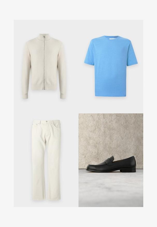 Samsøe Samsøe ADEM ZIP - Chaqueta de punto - off white; Camiseta de manga corta en azul claro, hecha de tela suave. Cuenta con un cuello redondo clásico y un dobladillo de corte recto, con un detalle sutil de textura.; Vaqueros rectos color beige claro, fabricados en denim de algodón. Cuentan con bolsillos, un cierre clásico de botón y una textura sutil sin patrones.; Zapato mocasín de cuero negro flotando sobre una alfombra beige con una mesa redonda marrón brillante al fondo.