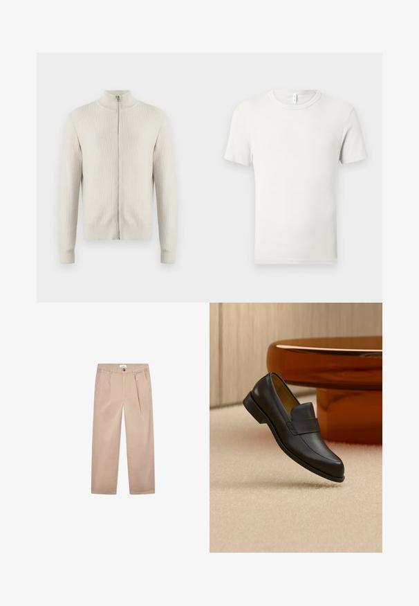 Samsøe Samsøe ADEM ZIP - Chaqueta de punto - off white; Camiseta blanca lisa de manga corta y cuello redondo, extendida sobre una superficie gris claro, con una pequeña etiqueta de tela en el cuello.; Pantalones caqui de algodón con un diseño de pierna recta, que cuentan con dos bolsillos delanteros, un cierre de botón y un corte clásico.; Zapato mocasín de cuero negro con tacón bajo flotando sobre suelo alfombrado beige cerca de una mesa redonda marrón.