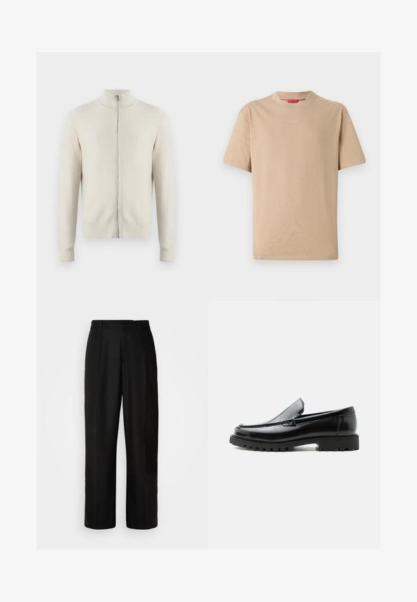 Samsøe Samsøe ADEM ZIP - Chaqueta de punto - off white; Camiseta de algodón beige con mangas cortas, escote redondo y sutil logo "HUGO" en el centro. Textura suave, corte relajado.; Pantalones negros con corte recto, textura suave, pliegues frontales y cintura estándar. Diseño minimalista sin patrones adicionales.; Mocasín de cuero negro con suela de goma gruesa, empeine cosido y nombre de la marca en relieve en el talón, mostrado en perfil lateral sobre fondo blanco.