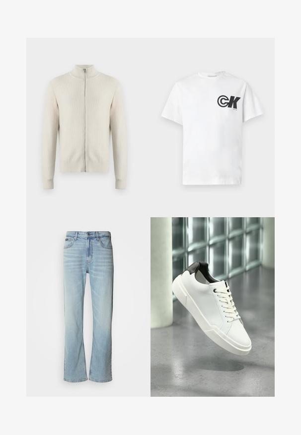 Samsøe Samsøe ADEM ZIP - Gilet - off white; T-shirt en coton blanc avec un logo circulaire noir "CK" et du texte sur le côté gauche de la poitrine ; col rond et manches courtes, design simple.; Jeans en denim bleu clair avec une coupe droite, dotés de cinq poches, d'une fermeture à bouton et d'une légère décoloration sur le tissu.; Baskets basses blanches avec languette de talon noire texturée, lacets blancs et semelle épaisse sur un sol en béton poli près de blocs de verre.