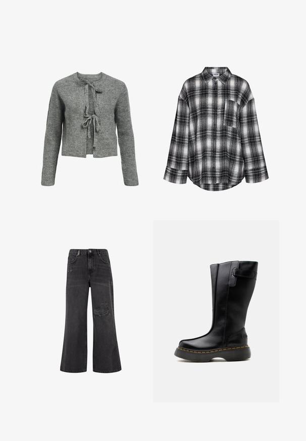 Pull en tricot gris avec un col rond, des manches longues et une fermeture à liens à l'avant. La texture est côtelée, créant une apparence chaleureuse.; Chemise à carreaux noir et blanc à manches longues avec boutons sur le devant, poche poitrine et col classique.; Jean noir à jambe large en denim avec des détails déchirés et une taille haute, doté d'une fermeture à bouton et braguette.; Botte haute en cuir noir avec semelle épaisse et coutures jaunes, dotée d'une sangle et d'une boucle près du haut, sur un fond clair uni.