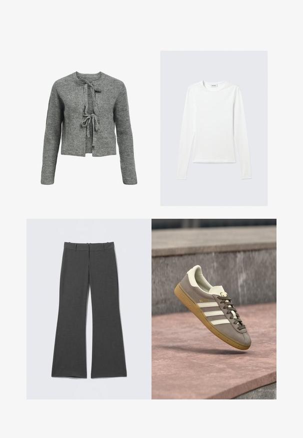 Pull en tricot gris avec un col rond, des manches longues et une fermeture à liens à l'avant. La texture est côtelée, créant une apparence chaleureuse.; T-shirt blanc uni à manches longues avec col rond et coupe slim, présenté sur un fond gris clair.; Pantalon gris évasé en tissu léger. Il présente une ceinture plate, des coutures discrètes et une texture lisse sans motifs visibles.; Baskets Adidas en suède marron clair avec des rayures blanches et une semelle gomme, suspendues au-dessus de marches en pierre rose en plein air.