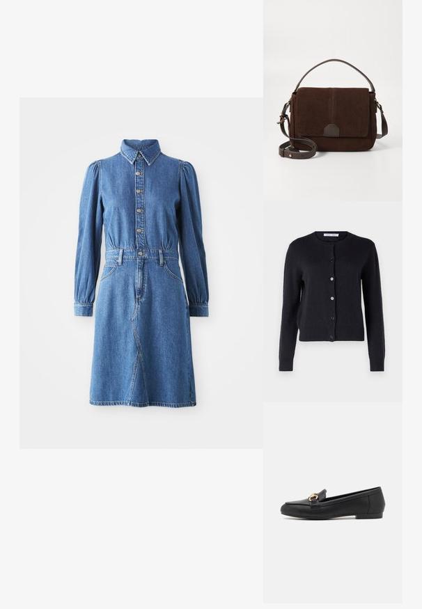 Mørkeblå strikket cardigan med rund halsudskæring, lange ærmer og seks frontknapper. Blødt materiale og tætsiddende design.; Denim kjole med knaplukning foran, krave og lange puffærmer. Har en tætsiddende talje, to sidelommer og en klokkeformet nederdel.; Sorte læder loafers med rund tå, prydet med en guldfarvet hardware detalje og en lav, flad hæl for nemt brug.; Brun ruskinds messenger taske med en flad frontklap, brune læderdetaljer, en justerbar rem og minimalistisk design.