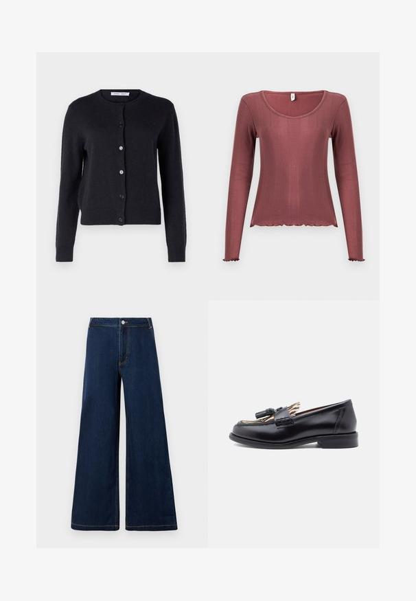 Mørkeblå strikket cardigan med rund halsudskæring, lange ærmer og seks frontknapper. Blødt materiale og tætsiddende design.; Langærmet top i støvet rosa med ribbet tekstur, rundudskæring, bølget kant forneden og ved manchetten, lavet af blødt strikmateriale.; Bredde denim jeans i mørkeblå med guld sting, der har en frontknap og lynlåslukning samt et klassisk fem-lomme design.; Sorte læder loafers med en rund tå, der har en vævet kwastdetalje og en kontrasterende dyreprint-foring. Lav, lige hæl.