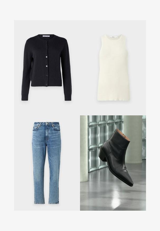 Mørkeblå strikket cardigan med rund halsudskæring, lange ærmer og seks frontknapper. Blødt materiale og tætsiddende design.; Udenærmet cremet top lavet af ribbet stof, med rund halsudskæring og tætsiddende design. Ingen synlige mønstre eller accenter.; Lyseblå denimjeans med høj talje, lige ben og slidt tekstur. Udstyret med sølvhardware og kontrasterende syninger.; Sort læderankelstøvle med spids tå og blokhæl, der svæver over en reflekterende grå gulv nær en væg af glasblokke.