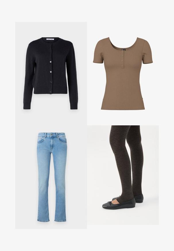 Mørkeblå strikket cardigan med rund halsudskæring, lange ærmer og seks frontknapper. Blødt materiale og tætsiddende design.; Brun kortærmet top med ribbet tekstur, rund halsudskæring og fire små, runde sølvknapper på frontstykke.; Lyseblå denimjeans med en tætsiddende talje, flared ben, fem lomme-design og knaplukning. Stoffet har en glat tekstur.; Ben iført mørke ribbede leggings kombineret med sorte balletsko med små sløjfedetaljer på hvid baggrund.
