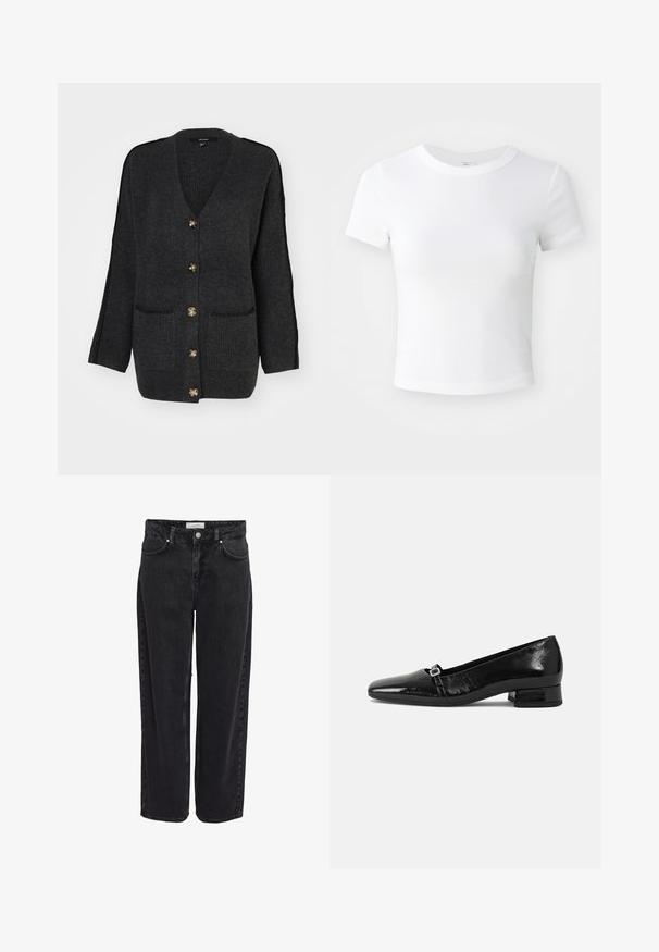 Vero Moda Knitted VMZORA Knit - Cardigan - asphalt/black stitch; Simpel hvid kortærmet cropped t-shirt med rund halsudskæring, præsenteret på en neutral lys baggrund.; Sort denim bukser med vide ben og høj talje, fem-lomme design og lynlåsgylp. Glat tekstur med minimale synlige syningsdetaljer.; Sorte patentlæder balletflade med spids tå, lav firkantet hæl og en lille metallisk spænde detalje på remmen. Glat tekstur.