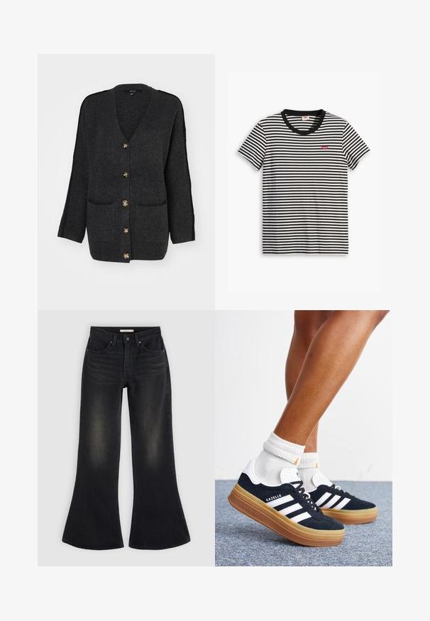 Vero Moda Knitted VMZORA Knit - Cardigan - asphalt/black stitch; Sort-hvid stribet T-shirt lavet af bomuld. Har en rund halsudskæring og et lille rødt Levi's-logo på brystet. Korte ærmer.; Sorte jeans med vide ben, forlommer, bæltestropper og falmet skygge på lårene og knæene, lagt fladt på en lys baggrund.; Ben iført hvide sokker og sorte Adidas Gazelle sneakers med hvide striber og tykke brune såler på et gråt tæppe.