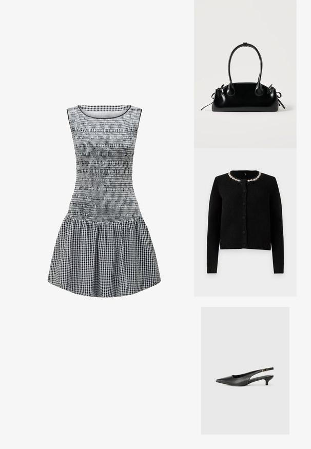 Schwarze Strickjacke mit langen Ärmeln, Rundhalsausschnitt und Knopfverschluss. Verfügt über einen dekorativen Kragen aus silberner Kette. Weicher Griff.; Schwarz-weißer Karodress mit tailliertem Oberteil, gerüschter Textur und ausgestelltem Rock. Einfacher runder Ausschnitt und ärmelloses Design.; Schwarzer Slingback-Schuh mit spitzem Zehenbereich aus glattem Leder. Mit einem dünnen Absatz und einer dekorativen Schnalle am verstellbaren Riemen.; Kleine schwarze glänzende Handtasche mit zwei langen Griffen und seitlichen Kordelzug-Details vor einfachem hellem Hintergrund.