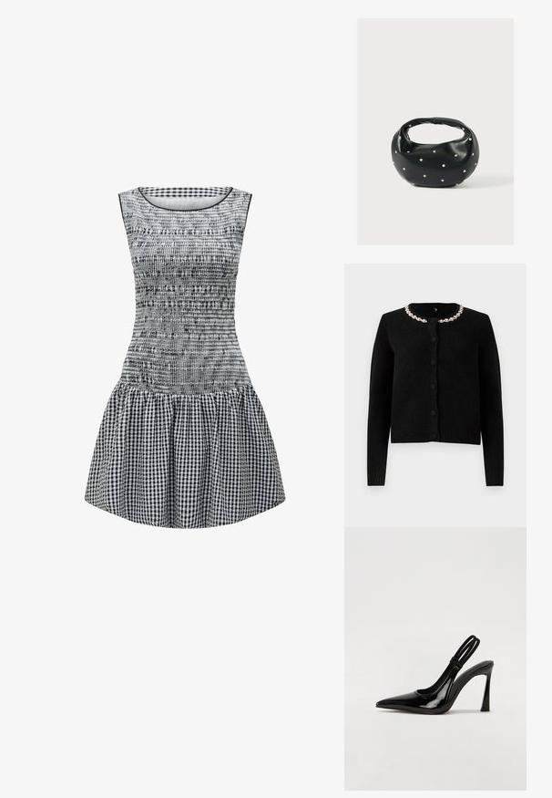 Schwarze Strickjacke mit langen Ärmeln, Rundhalsausschnitt und Knopfverschluss. Verfügt über einen dekorativen Kragen aus silberner Kette. Weicher Griff.; Schwarz-weißer Karodress mit tailliertem Oberteil, gerüschter Textur und ausgestelltem Rock. Einfacher runder Ausschnitt und ärmelloses Design.; Schwarze Lackleder Slingback-Pumps mit spitzem Zehenbereich, schlankem hohen Absatz und doppeltem elastischen Riemen für einen sicheren Sitz. Glatte, glänzende Oberfläche.; Schwarze Lederhandtasche mit abgerundeter Form, verziert mit silbernen Nietenakzenten und kurzem Griff. Glatte Struktur und Reißverschlussverschluss.
