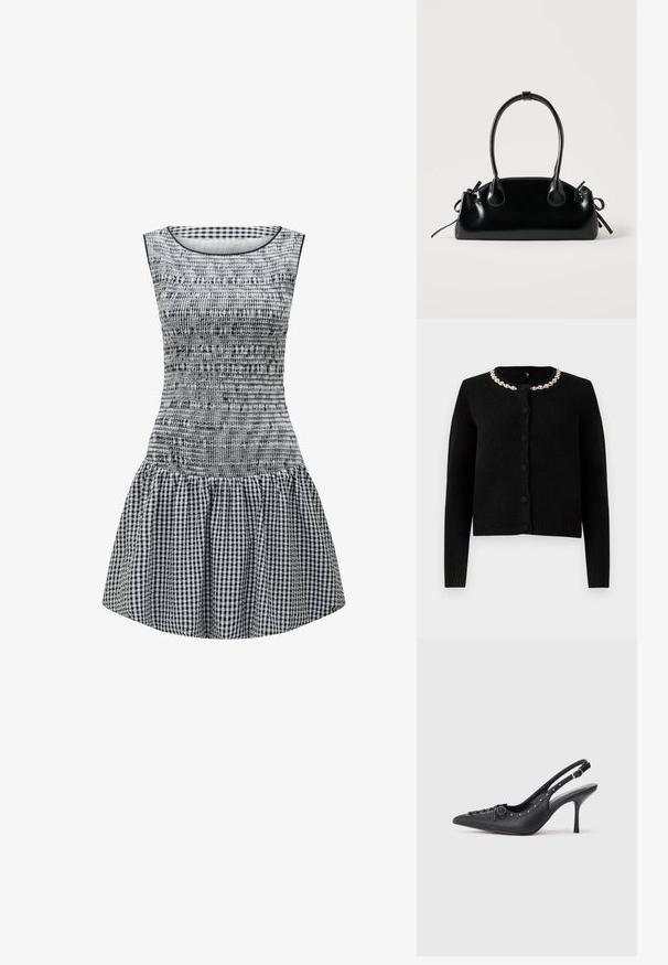 Schwarze Strickjacke mit langen Ärmeln, Rundhalsausschnitt und Knopfverschluss. Verfügt über einen dekorativen Kragen aus silberner Kette. Weicher Griff.; Schwarz-weißer Karodress mit tailliertem Oberteil, gerüschter Textur und ausgestelltem Rock. Einfacher runder Ausschnitt und ärmelloses Design.; Schwarzer Leder-Slingback-Stiletto mit spitzem Zehenaufsatz, seitlichem Schnallenriemen, Nieten entlang der Kante und dekorativer Schnürung vorne.; Kleine schwarze glänzende Handtasche mit zwei langen Griffen und seitlichen Kordelzug-Details vor einfachem hellem Hintergrund.