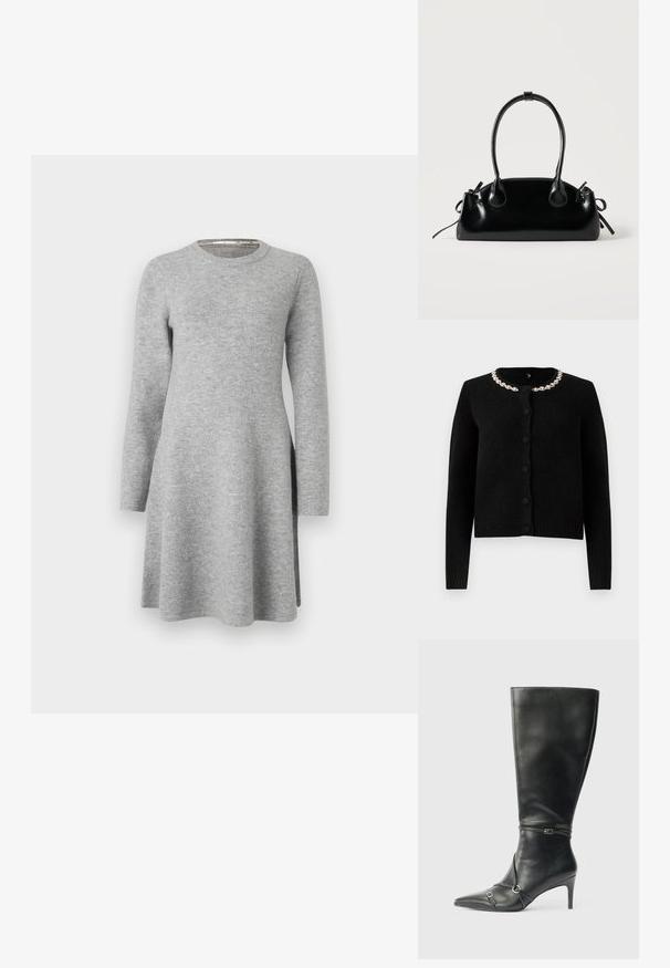 Zwarte gebreide cardigan met lange mouwen, ronde hals en knoopsluiting. Heeft een decoratieve kettingkraag van zilver. Zachte textuur.; Grijze langslavend dress van zachte stof; heeft een ronde halslijn en een ontspannen pasvorm, die iets uitloopt aan de zoom met zijsplitten.; Zwarte leren kniehoge laarzen met een slanke hak, puntige neus en banddetail bij de enkel. Gladde textuur en aansluitend ontwerp.; Kleine zwarte glanzende handtas met twee lange hengsels en zijkant trekkoord details op een effen lichte achtergrond.
