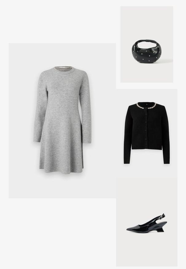 Zwarte gebreide cardigan met lange mouwen, ronde hals en knoopsluiting. Heeft een decoratieve kettingkraag van zilver. Zachte textuur.; Grijze langslavend dress van zachte stof; heeft een ronde halslijn en een ontspannen pasvorm, die iets uitloopt aan de zoom met zijsplitten.; Zwarte lakleren slingback schoen met spitse neus en lage schuine blokhak op een effen lichte achtergrond.; Zwarte leren handtas met een afgeronde vorm, versierd met zilveren studs, en een korte handgreep. Gladde textuur en ritsluiting.