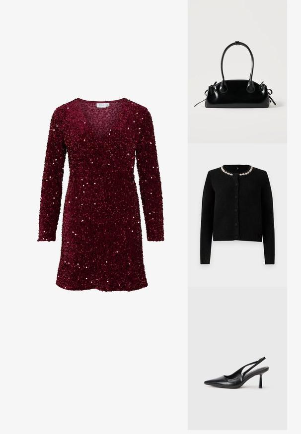 Cardigan noir en tricot avec des manches longues, un col rond et une fermeture à boutons. Équipé d'un collier décoratif en chaîne argentée. Texture douce.; Robe en sequins bordeaux avec manches longues, décolleté en V et design enveloppant. Dotée d'un tissu texturé et de sequins scintillants sur l'ensemble.; Chaussure à talon haut en cuir noir, à bride arrière, avec un bout pointu et un talon fin sur fond blanc.; Petit sac à main noir brillant avec deux longues anses et des détails à cordon sur les côtés sur un fond clair uni.