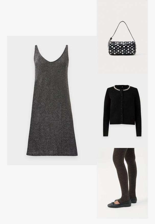 Zwarte gebreide cardigan met lange mouwen, ronde hals en knoopsluiting. Heeft een decoratieve kettingkraag van zilver. Zachte textuur.; Zwarte slipdress met een diepe V-hals, gemaakt van een glinsterende stof. Heeft dunne bandjes en een rechte silhouet, wat zorgt voor een gladde textuur.; Benen met donkere geribbelde leggings gecombineerd met zwarte ballerina's met kleine strikdetails op een witte achtergrond.; Zwarte leren handtas met een afgeronde vorm, versierd met zilverkleurige studs. Voorzien van een afneembare riem en ritssluiting. Gladde textuur.