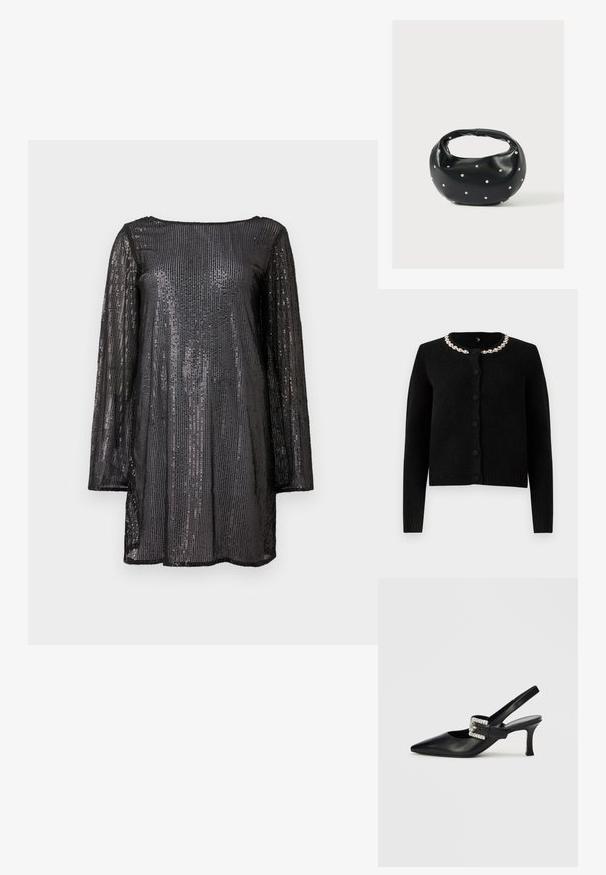 Cárdigan negro de punto con mangas largas, cuello redondo y cierre con botones. Presenta un cuello decorativo de cadena plateada. Textura suave.; Vestido túnica negro con lentejuelas y mangas largas, que presenta un escote redondo y una silueta suelta y recta. Textura brillante con rayas horizontales.; Zapato slingback de cuero negro con puntera puntiaguda, tacón pequeño y adorno de hebilla con cristales de strass. Textura lisa, diseño minimalista.; Bolso de mano de cuero negro con forma redondeada, decorado con detalles de tachuelas plateadas y un asa corta. Textura lisa y cierre con cremallera.