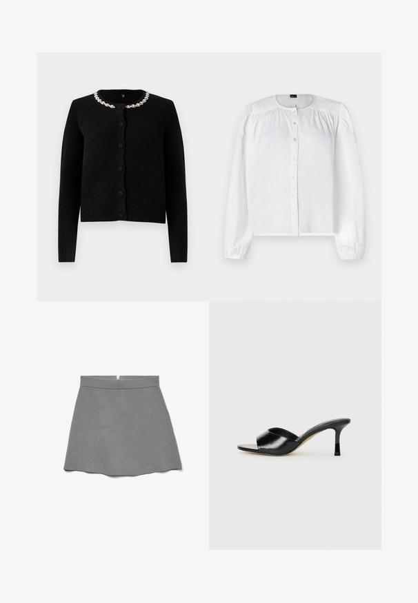 Cardigan noir en tricot avec des manches longues, un col rond et une fermeture à boutons. Équipé d'un collier décoratif en chaîne argentée. Texture douce.; Blouse blanche à manches longues en tissu lisse, avec un devant boutonné et des détails froncés sur les épaules, dotée d'un col rond.; Jupe grise en tissu doux, dotée d'une taille haute, d'une forme évasée et d'une fermeture éclair dissimulée à l'arrière.; Mules à talons hauts en cuir noir avec un design à bout ouvert et une large sangle supérieure incurvée. Texture lisse et silhouette élégante.